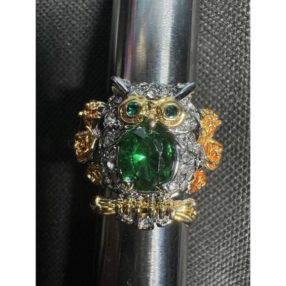 Chunky Owl Ring Size 8.5 Green Stone &‎ Rhinestones Sparkly Two Tone Metal - Picture 6 of 12